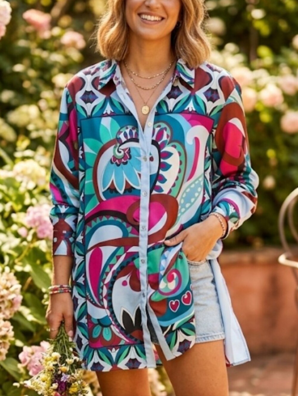 Zara Colorful Abstract Print Button Down Tunic Blouse XL
